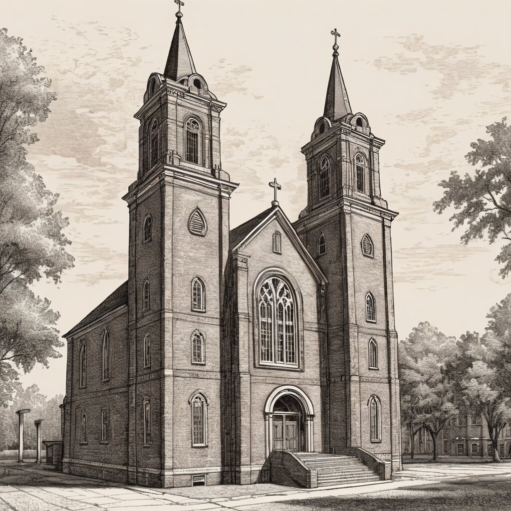 Red-brick alabama church with twin towers on a courthouse square, rendered in stipple ink with sepia wash.