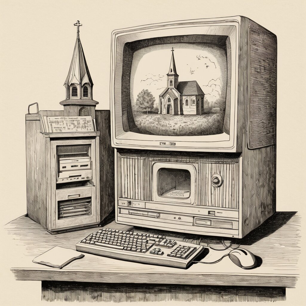 1990s desktop computer with crt monitor showing a small church drawing, dial-up modem era desk, rendered in stipple ink with sepia wash.