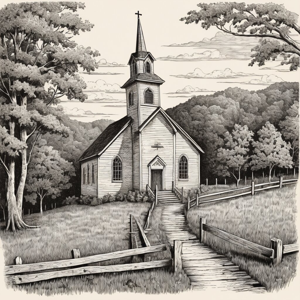 A white clapboard ozark church on a hillside with split rail fence, rendered in stipple ink with sepia wash.