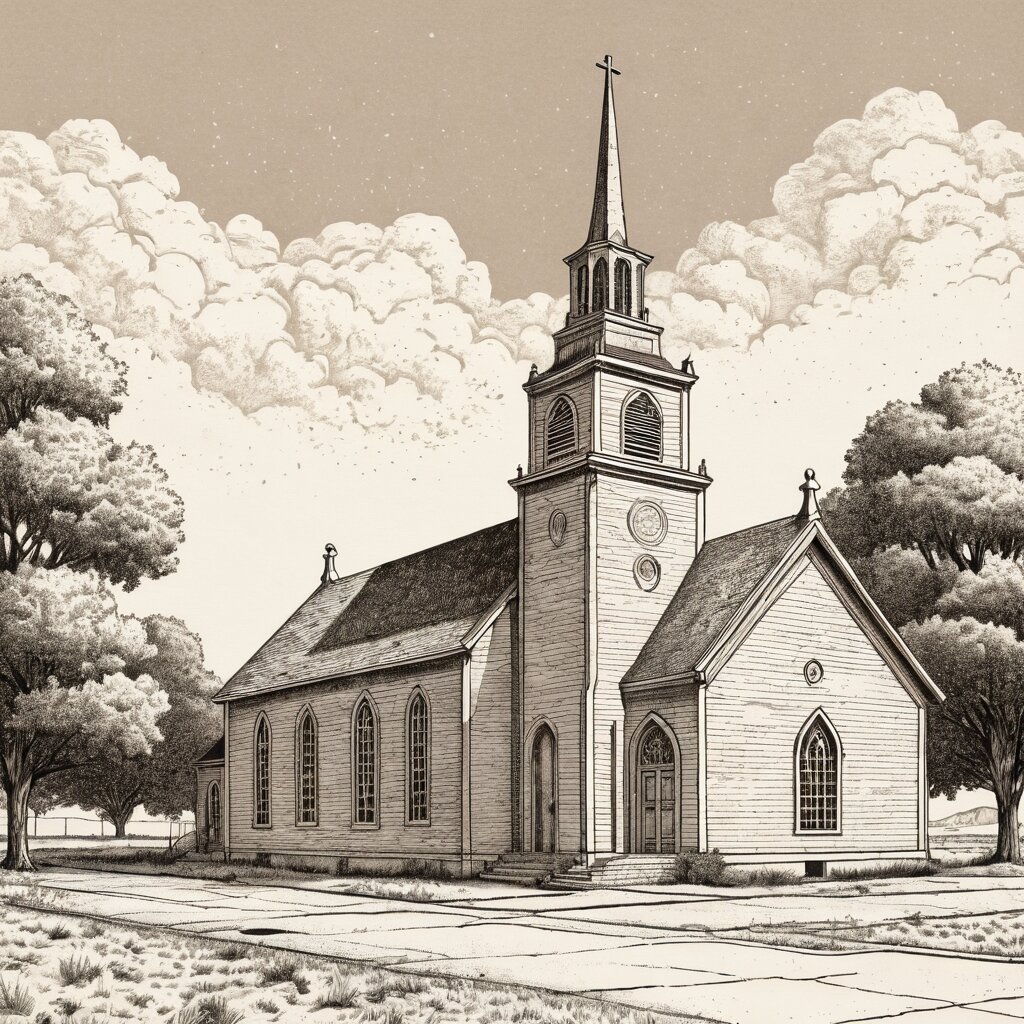 Plain texas tabernacle church with a low gable and wide gravel parking, big sky, rendered in stipple ink with sepia wash.