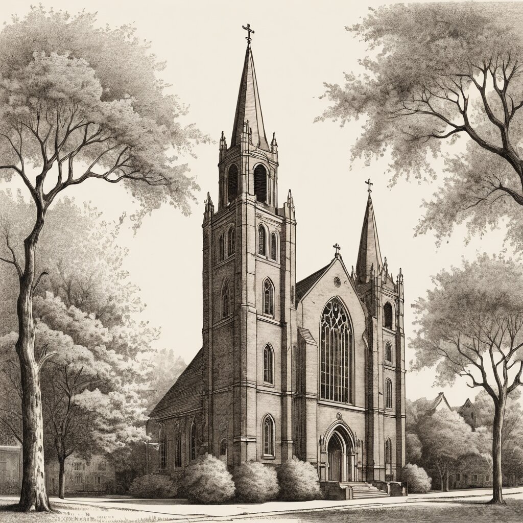 Historic brick atlanta church with twin towers beside dogwood trees, rendered in stipple ink with sepia wash.