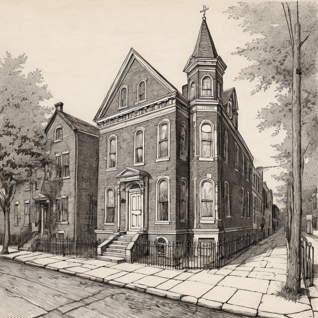 Red-brick baltimore rowhouse street with a white-steepled church at the corner, rendered in stipple ink with sepia wash.
