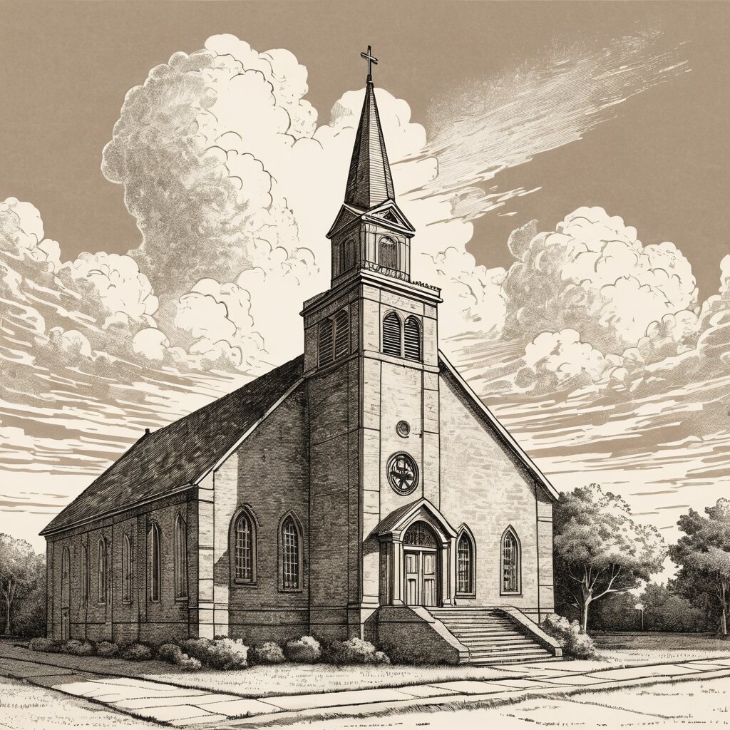 A wide brick baptist church with twin entry doors under a huge texas sky, rendered in stipple ink with sepia wash.