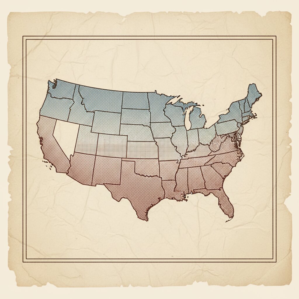 Stipple map of the United States showing the Lutheran Upper Midwest in blue-grey and the Baptist South in burgundy, separated by a mixed-hatching transition band through Iowa and Illinois.