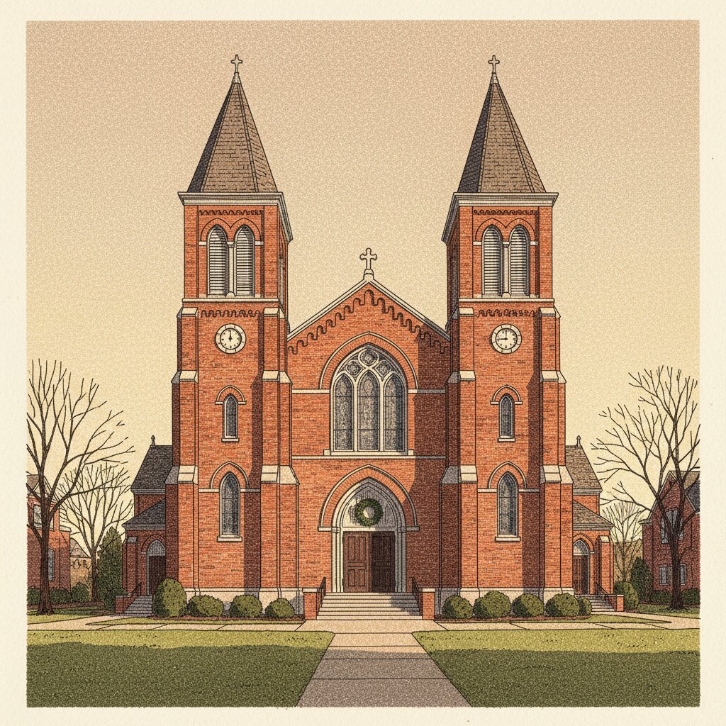 Illustration of Sixteenth Street Baptist Church in Birmingham, twin red-brick towers flanking the entrance, in stipple ink with warm sepia wash.