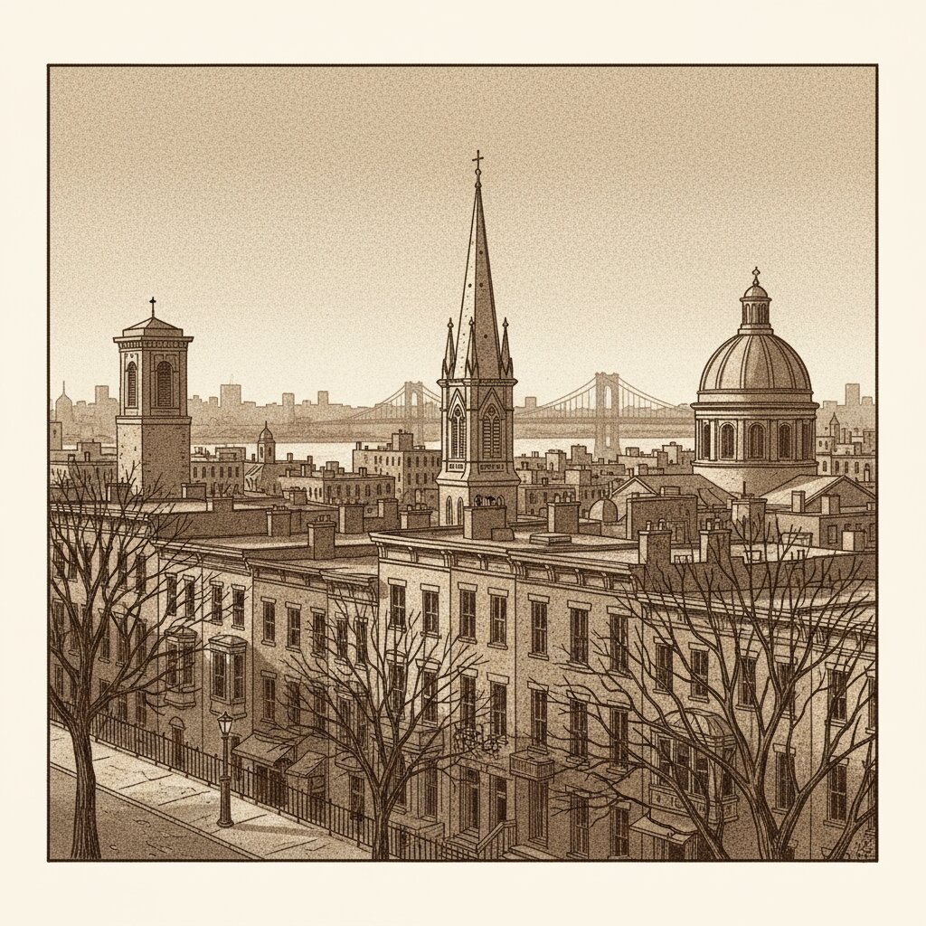 Illustration from Brooklyn Heights looking east over brownstone rooftops, three church steeples from different traditions visible against a winter dawn, stipple ink with sepia wash.