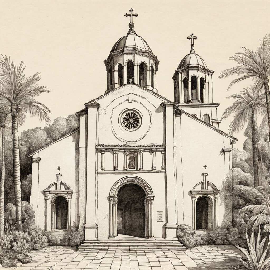 A spanish mission church with arched colonnade and tiled roof in golden california light, rendered in stipple ink with sepia wash.