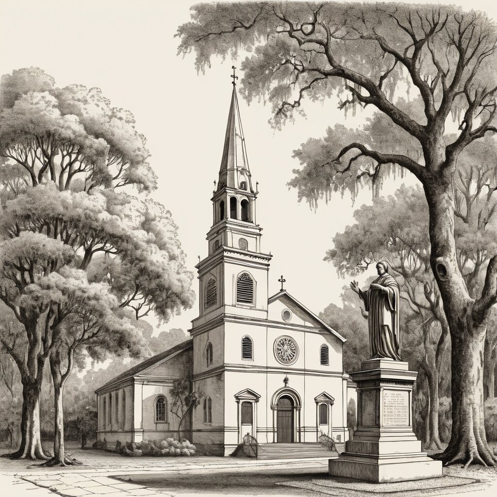 A french colonial catholic church with statue and live oaks draped in spanish moss, rendered in stipple ink with sepia wash.