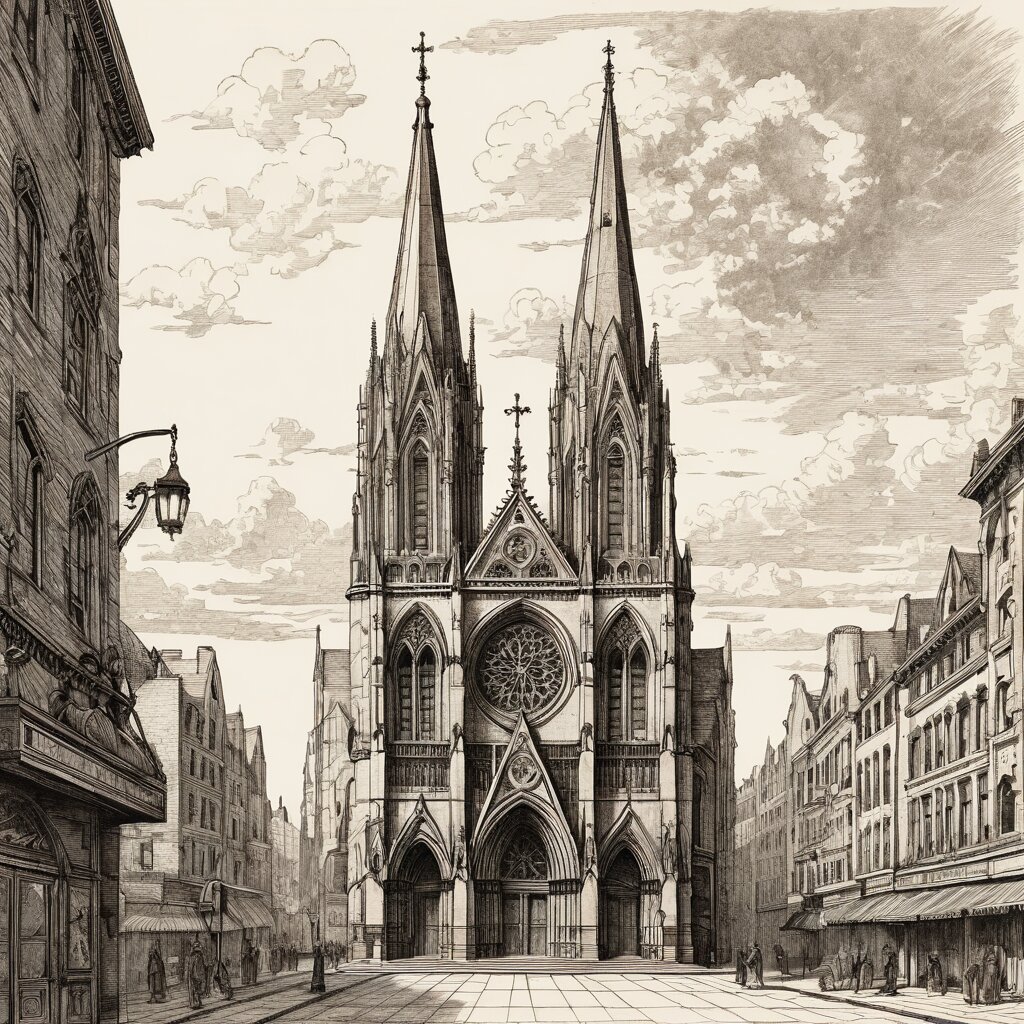 A grand gothic catholic cathedral facade with twin spires on a new york avenue, rendered in stipple ink with sepia wash.