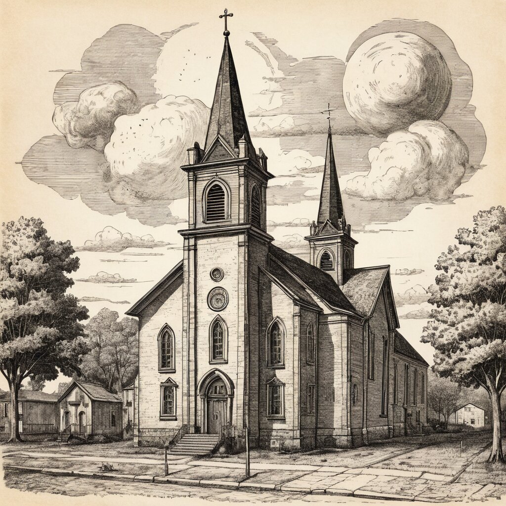Coal-town pennsylvania catholic church with onion-domed tower above miners rowhouses, rendered in stipple ink with sepia wash.