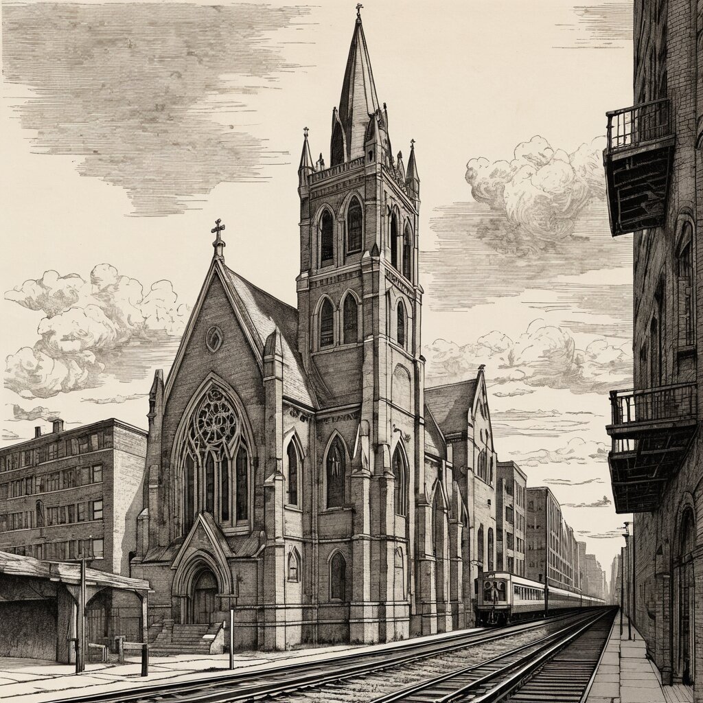 A soaring gothic stone church between chicago brick two-flats with the elevated train track behind, rendered in stipple ink with sepia wash.