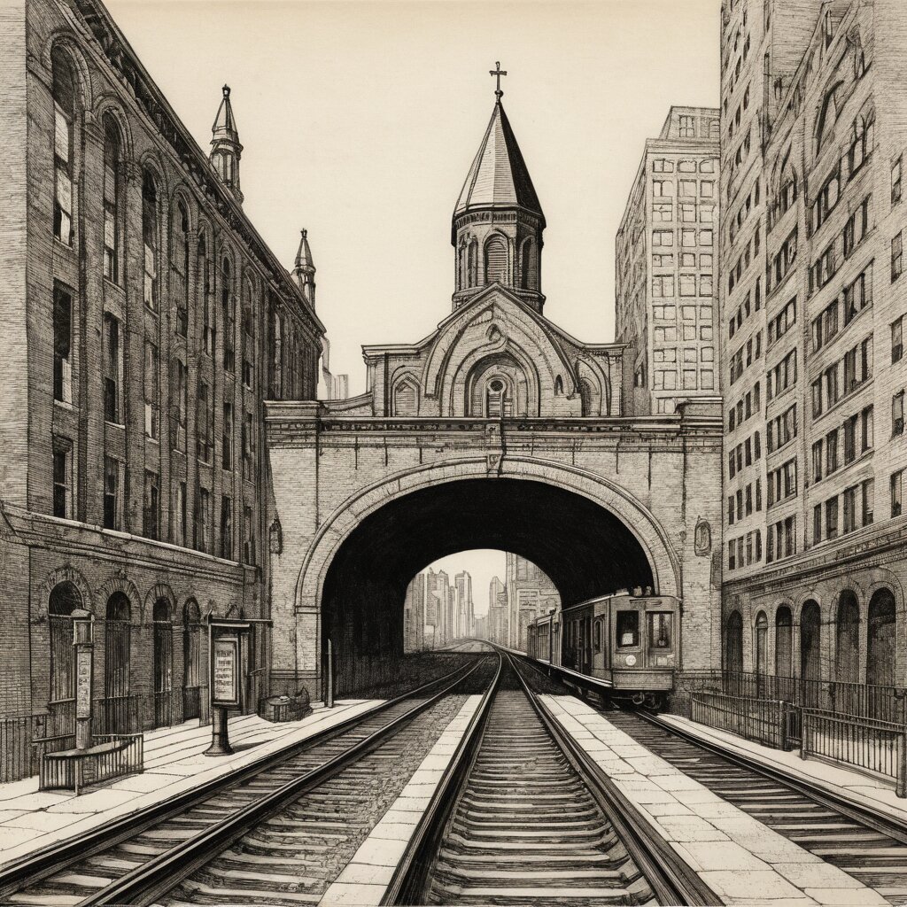 Chicago elevated train track curving past a stone church facade, rendered in stipple ink with sepia wash.