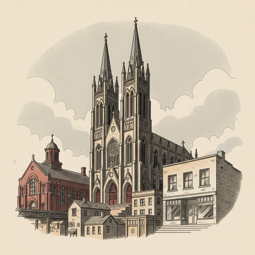 Editorial illustration of three Chicago church silhouettes: a Baptist church, a Catholic basilica with twin spires, and a storefront evangelical church, in ink and stipple wash.
