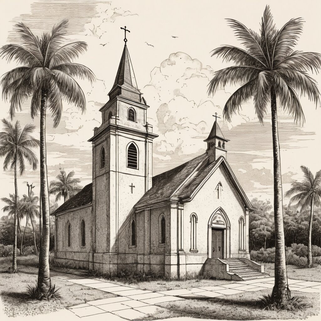 Modest concrete-block florida church with small steeple and gravel lot under palms, rendered in stipple ink with sepia wash.