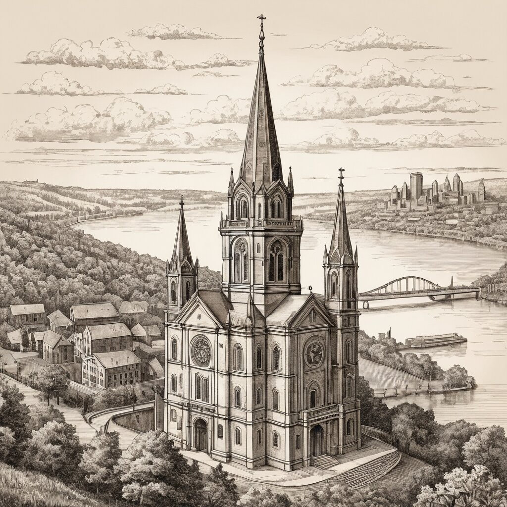 Hillside cincinnati basilica with twin spires above the ohio river, rendered in stipple ink with sepia wash.