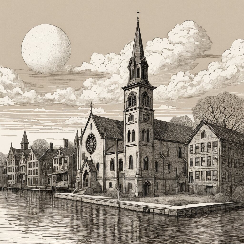 A stone gothic revival church among cleveland brick rowhouses under a lake-effect sky, rendered in stipple ink with sepia wash.