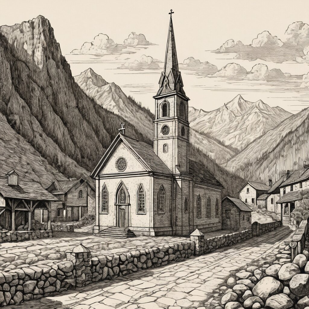 A stone mining-town church with steep roof against rocky mountain peaks, rendered in stipple ink with sepia wash.