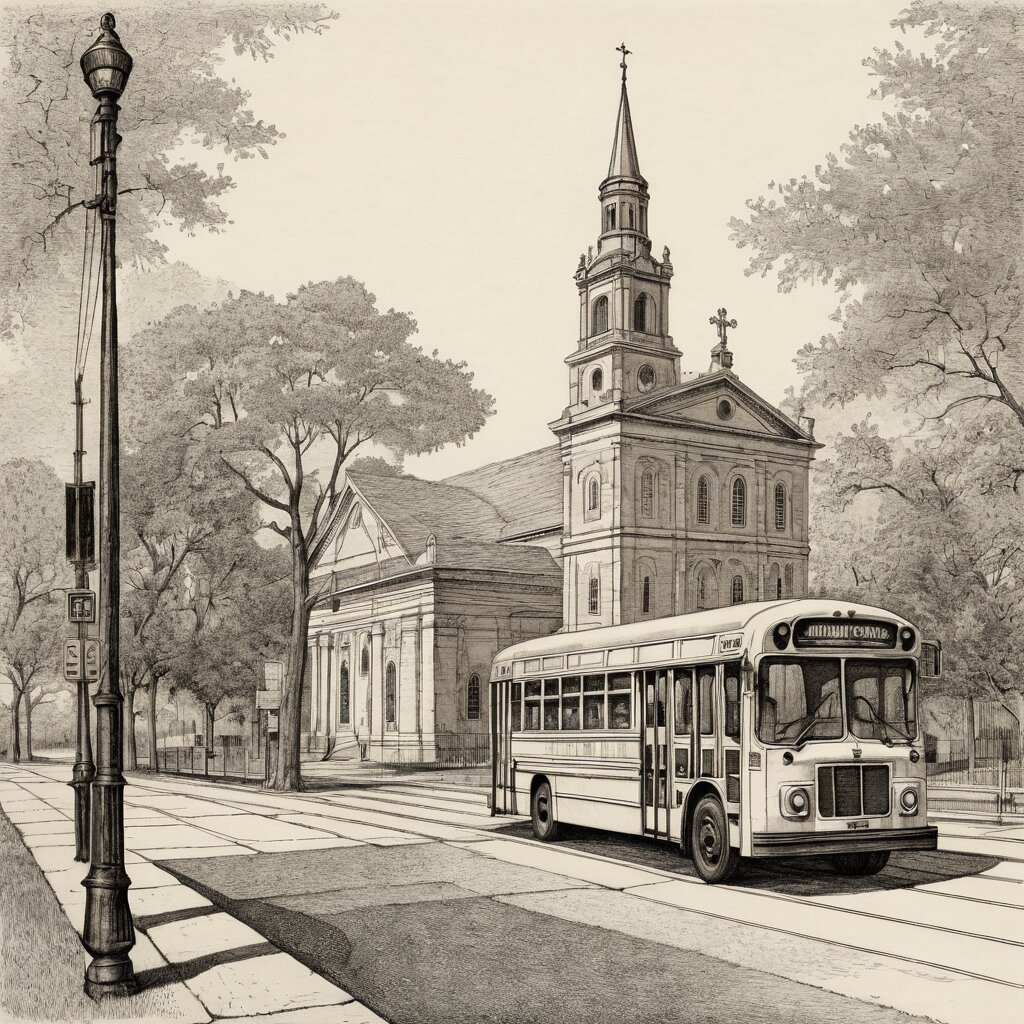 Columbus city bus at a stop beside a limestone church, ohio statehouse in distance, rendered in stipple ink with sepia wash.