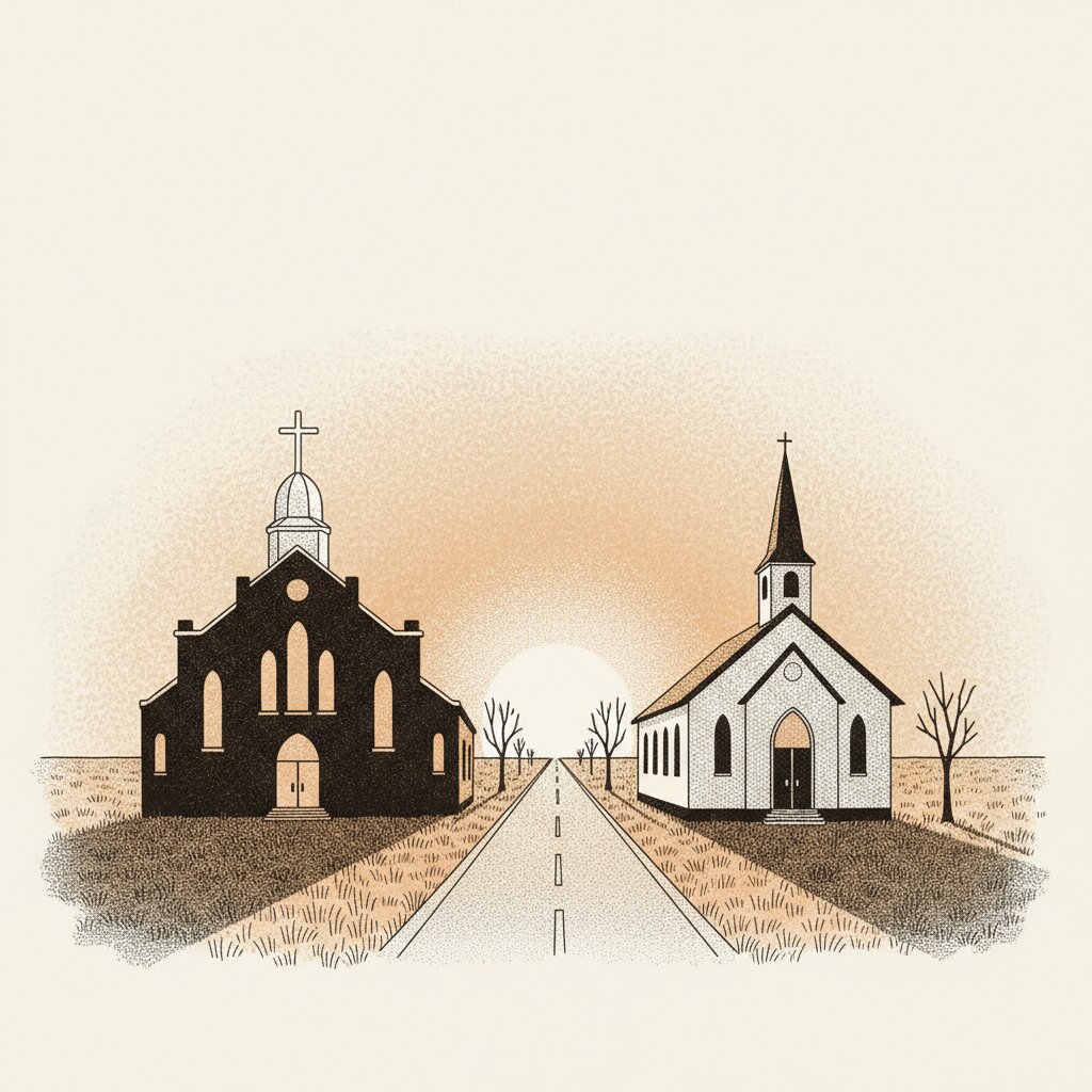 Illustration of two church silhouettes side by side on the North Texas prairie at dusk, a large brick Black Baptist church on the left and a smaller white-stone Methodist church on the right, connected by a flat highway.