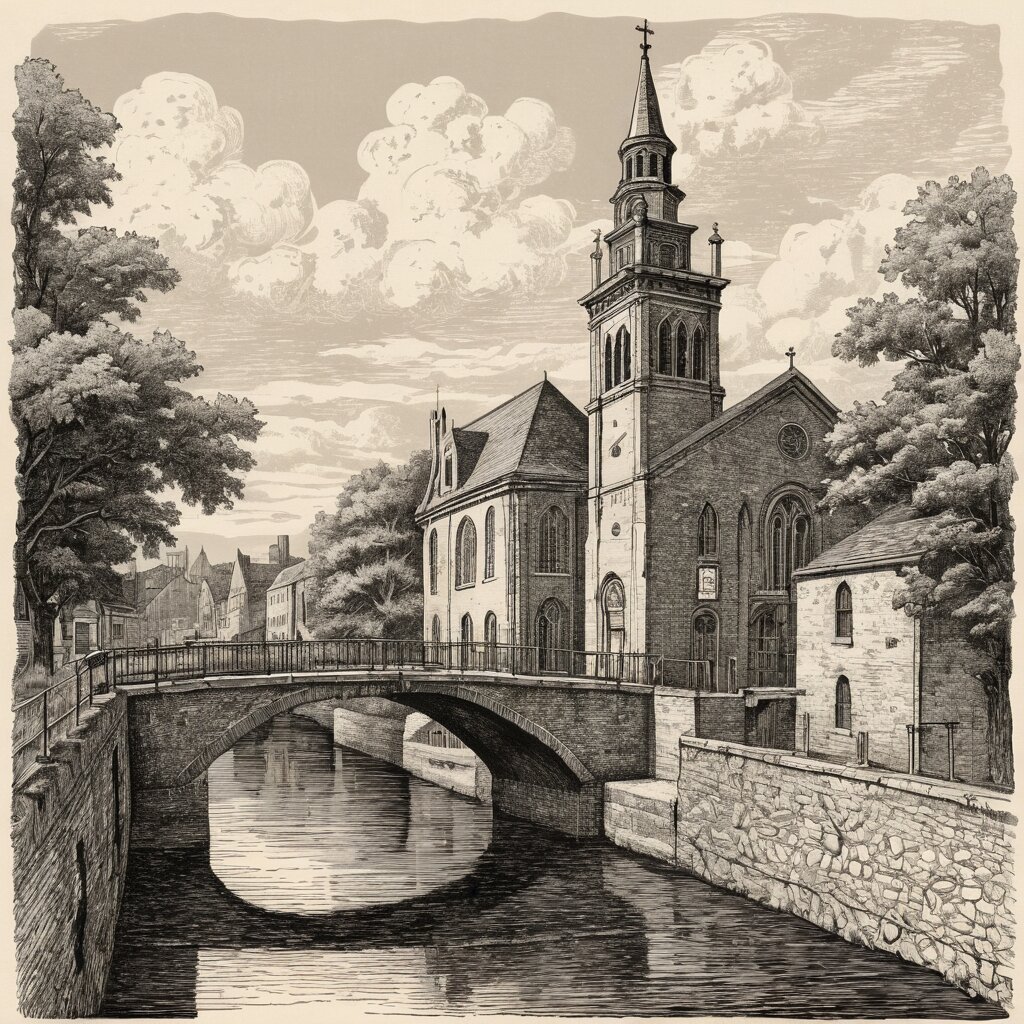 Ohio industrial-city stone church with a clock tower beside a canal bridge, rendered in stipple ink with sepia wash.