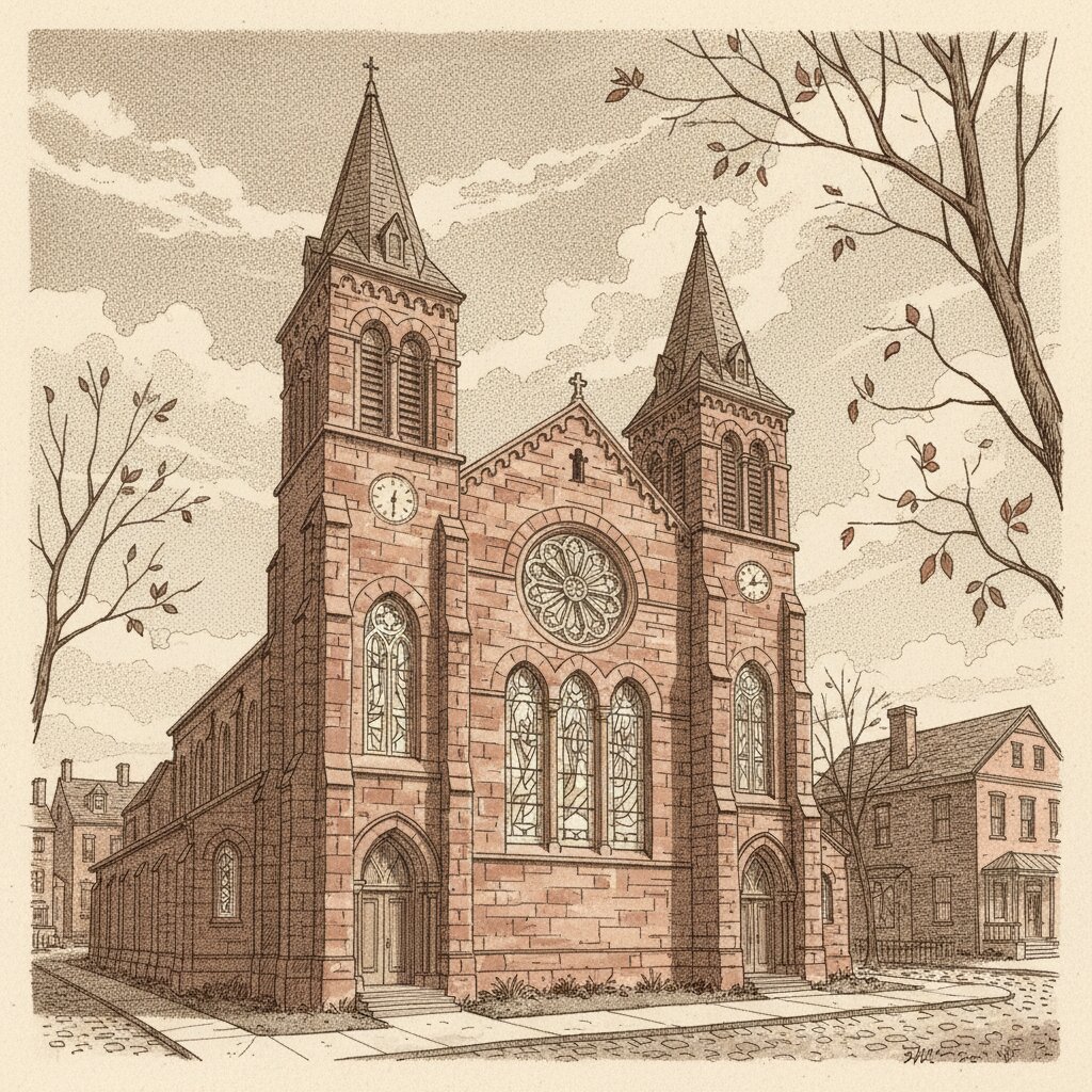 Stipple illustration of an 1870s Detroit Catholic church with twin spires and a corner date-stone, in the editorial style of a Sunday newspaper long-read.