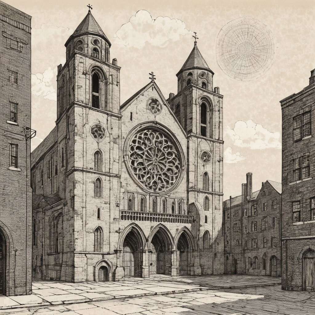 A massive stone romanesque church with rose window among detroit brick warehouses, rendered in stipple ink with sepia wash.