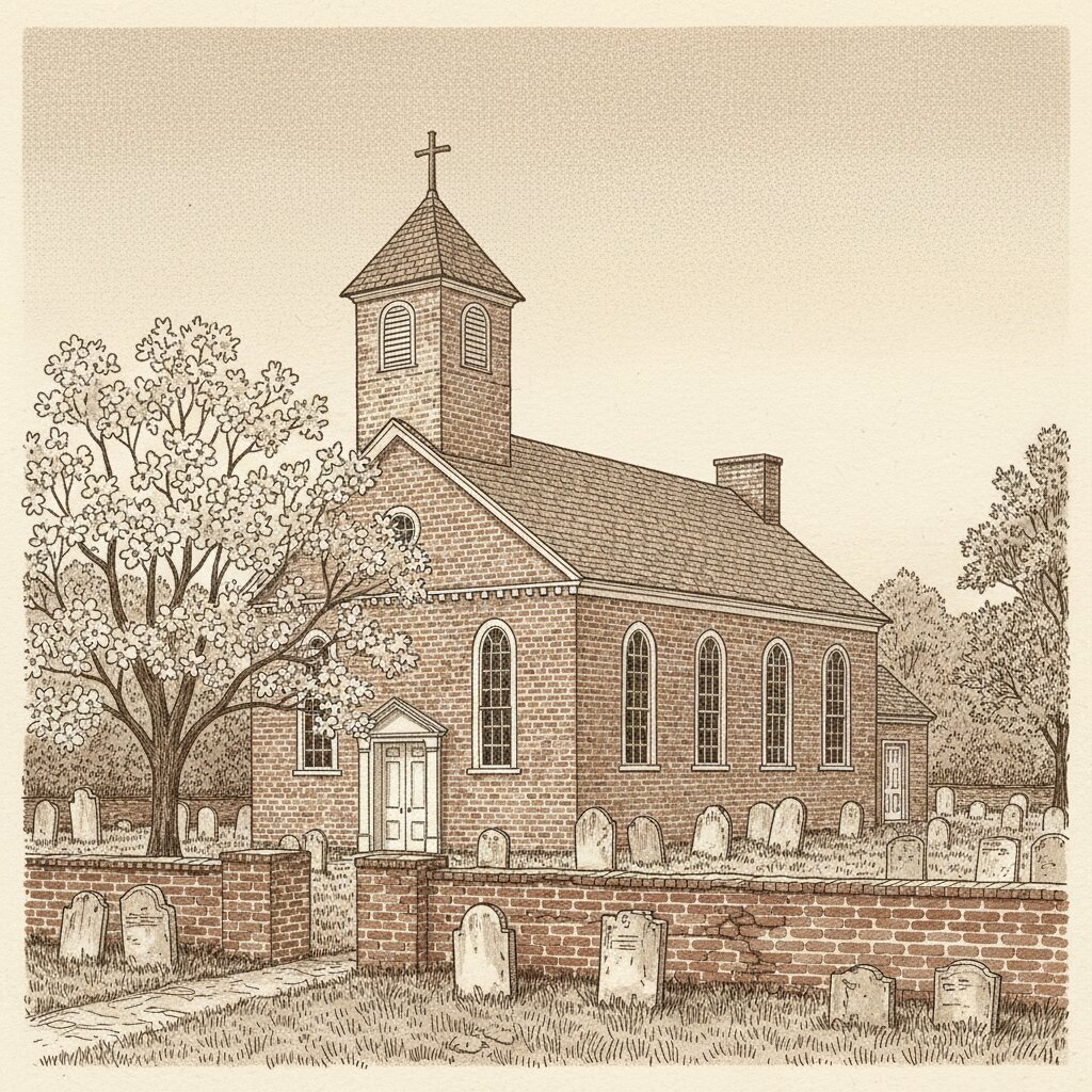 Illustration of a 1720s Virginia colonial Anglican church at dawn with red brick, white trim, a square tower, and a churchyard of old limestone headstones.