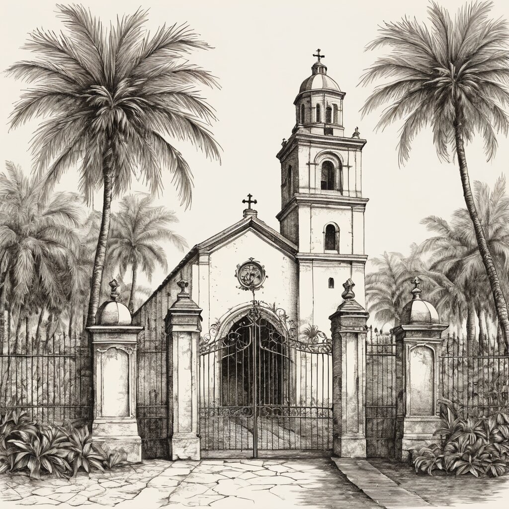 A coquina stone spanish colonial church with palm trees and wrought iron gate, rendered in stipple ink with sepia wash.