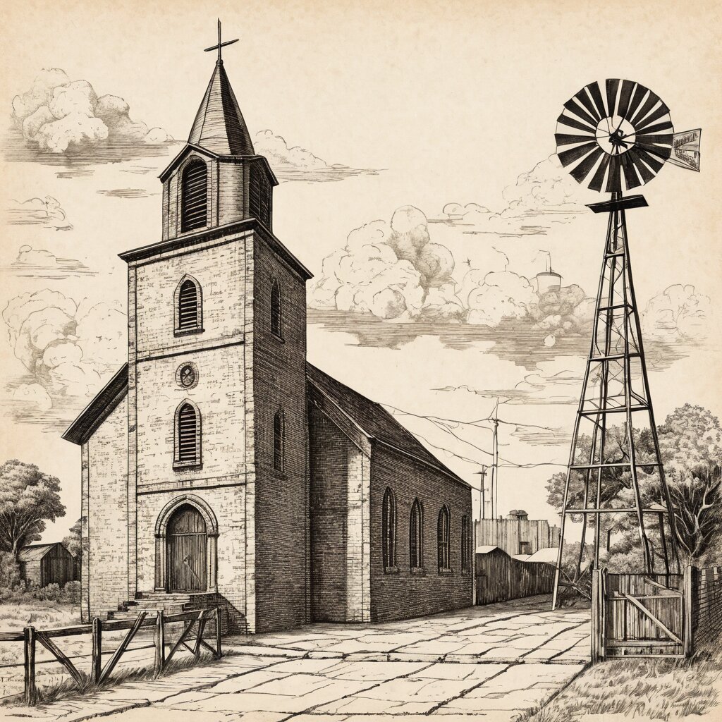 Texas brick church with a square tower beside stockyard fences and a windmill, rendered in stipple ink with sepia wash.