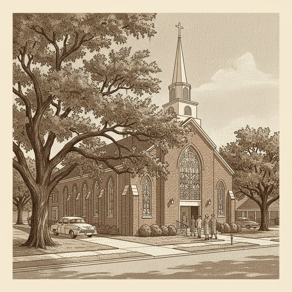 Illustration of a mid-century Houston Baptist church with red brick, a white cross-topped tower, and Texas live oaks in the foreground.