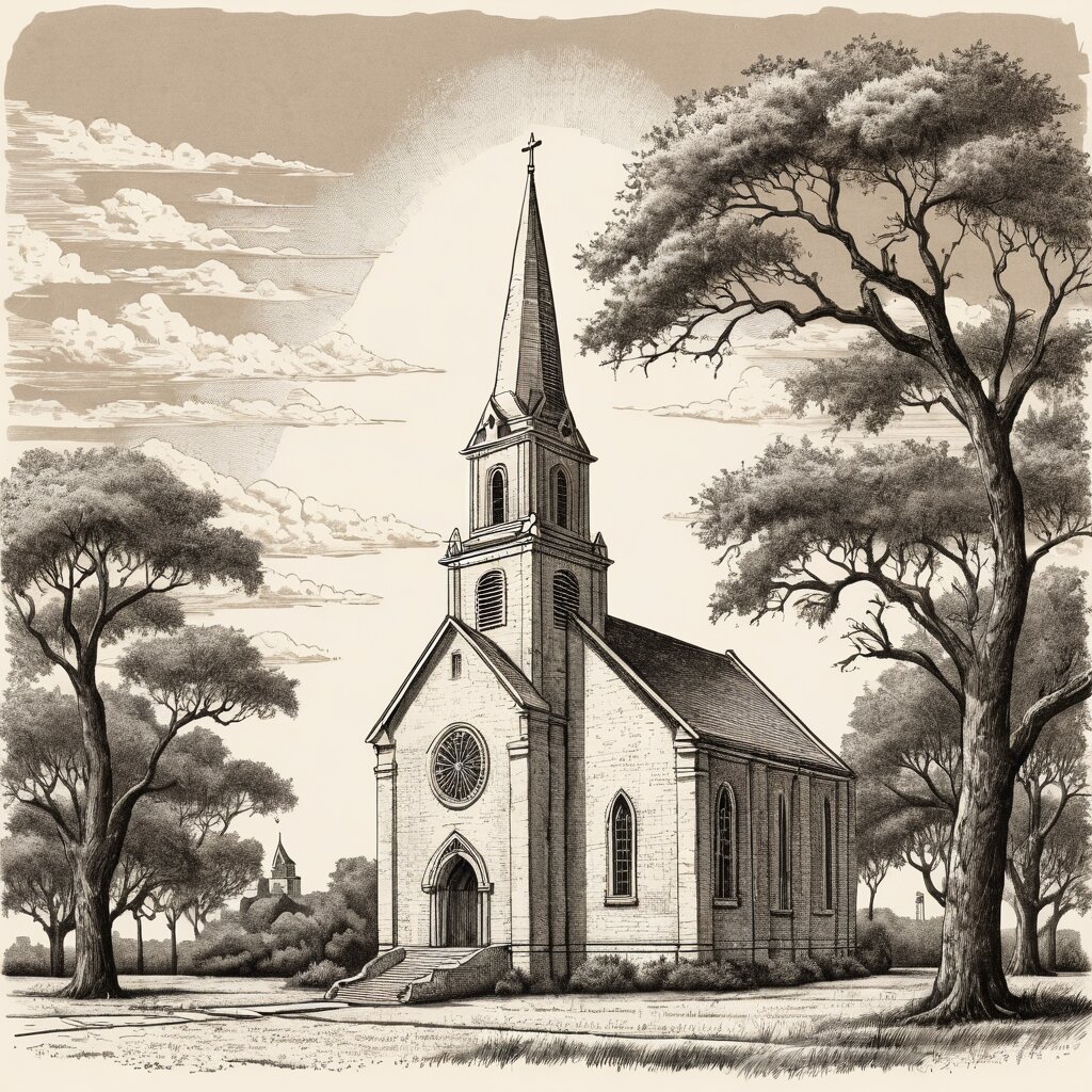 A wide brick texas church with twin towers under a vast flat gulf coast sky with live oaks, rendered in stipple ink with sepia wash.