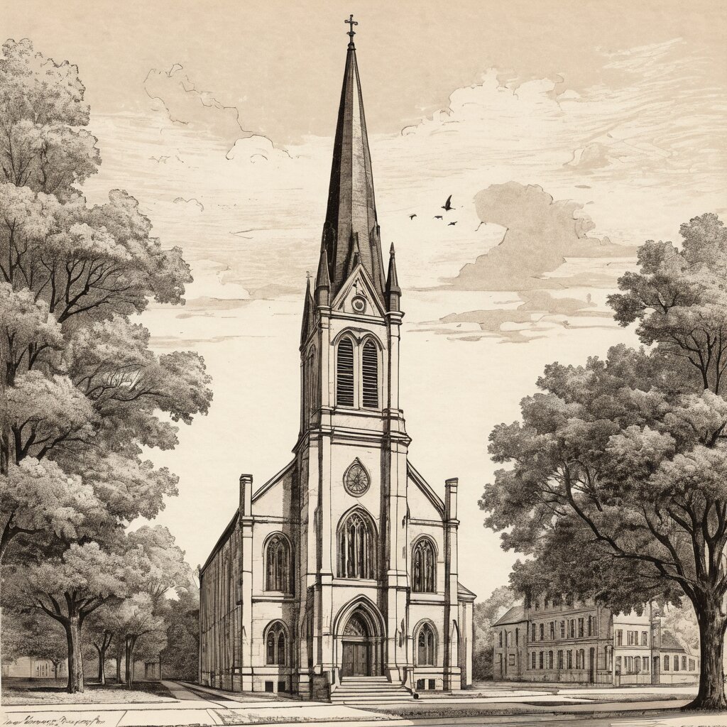 A limestone gothic church with tall spire on an indiana courthouse square, rendered in stipple ink with sepia wash.