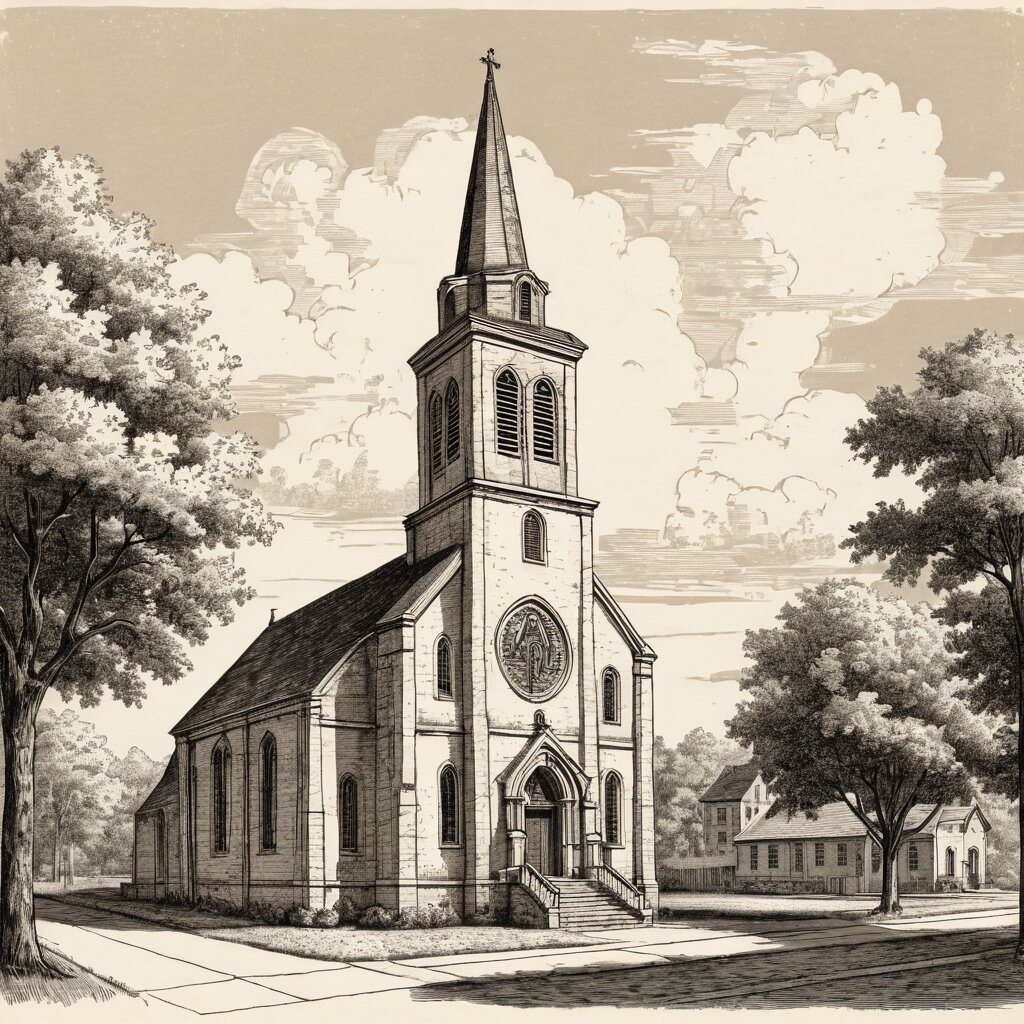 Midwestern limestone church with a square tower beside a flat indiana avenue, rendered in stipple ink with sepia wash.