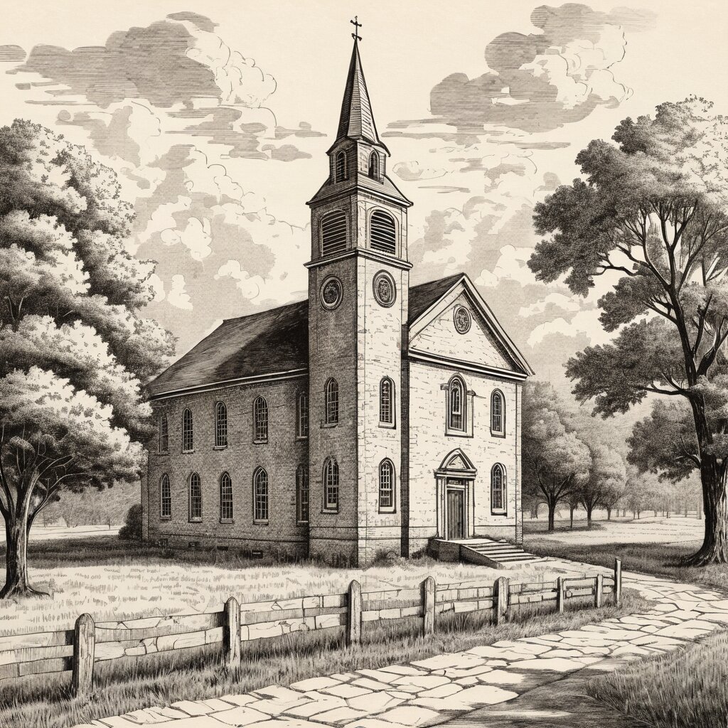 Kentucky brick meeting house church with limestone fence in bluegrass country, rendered in stipple ink with sepia wash.