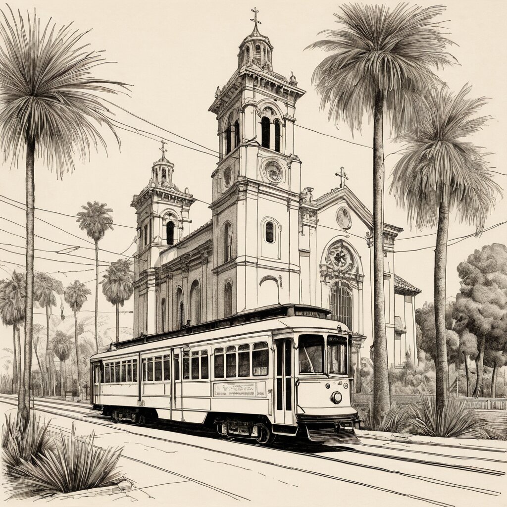 Los angeles streetcar passing a spanish revival church with palm trees, rendered in stipple ink with sepia wash.