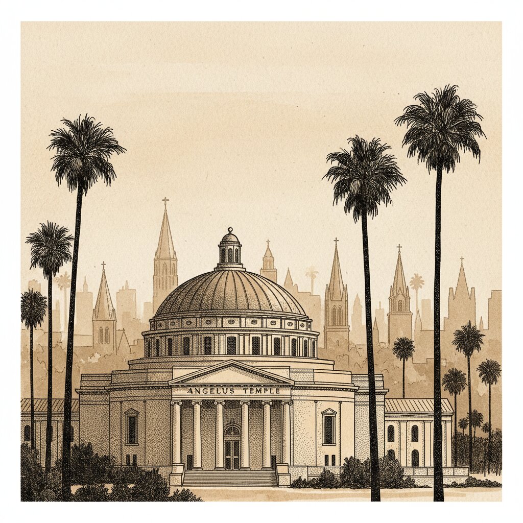 Illustration of Angelus Temple with its large dome in the foreground and smaller church steeples receding into the Los Angeles haze, with palm tree silhouettes, in stipple ink with warm sepia wash.