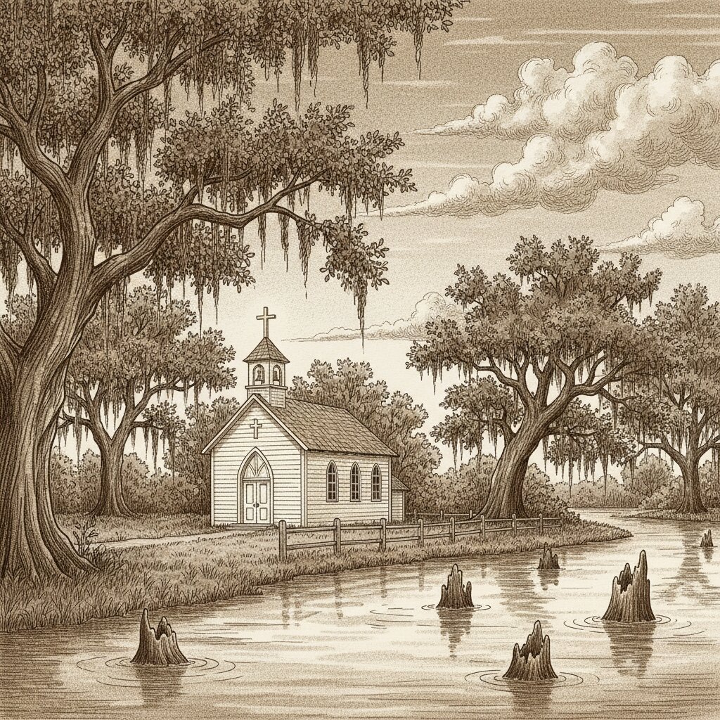 Illustration of a small white clapboard Louisiana Catholic chapel beside a bayou at dusk, with Spanish moss in the oaks and a wooden rail fence in the foreground.