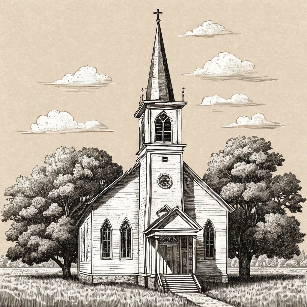 A white wooden lutheran church with tall narrow steeple on minnesota prairie, rendered in stipple ink with sepia wash.