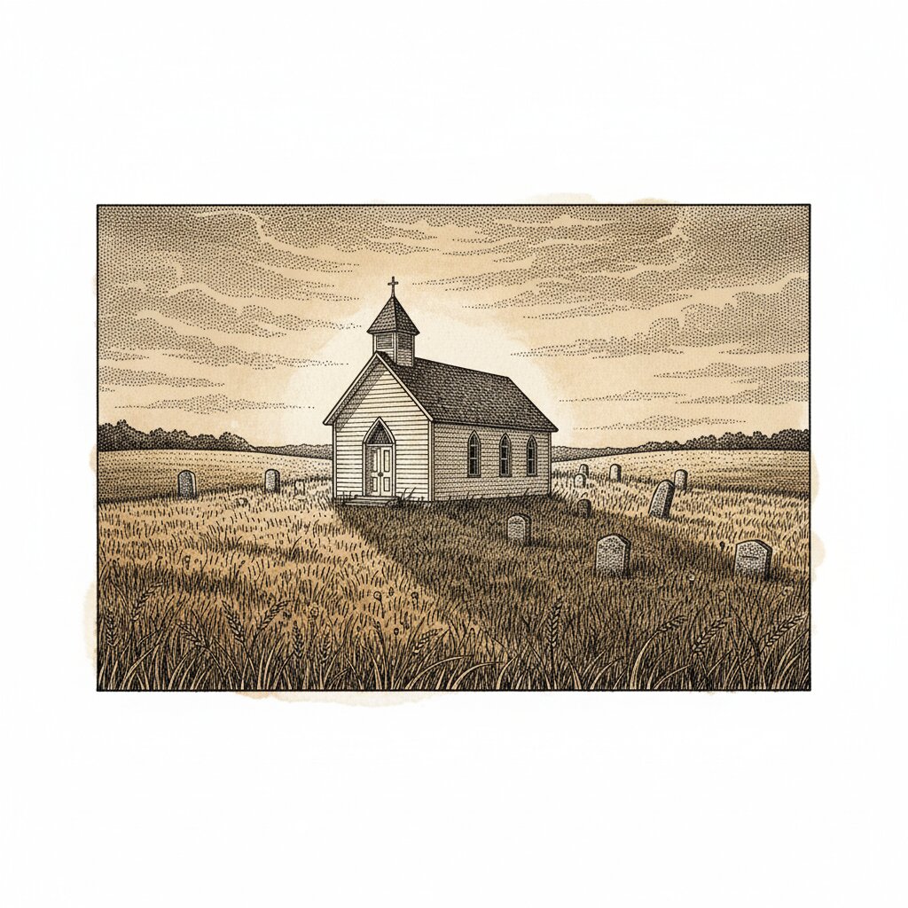Illustration of a white-clapboard prairie Lutheran church standing in an autumn wheatfield under a dawn sky, with a small graveyard of limestone headstones behind it.