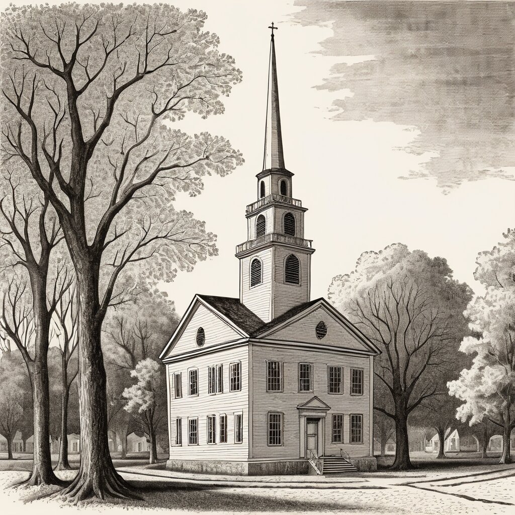 New england white meeting house with tall spire on a village green, bare elms, rendered in stipple ink with sepia wash.