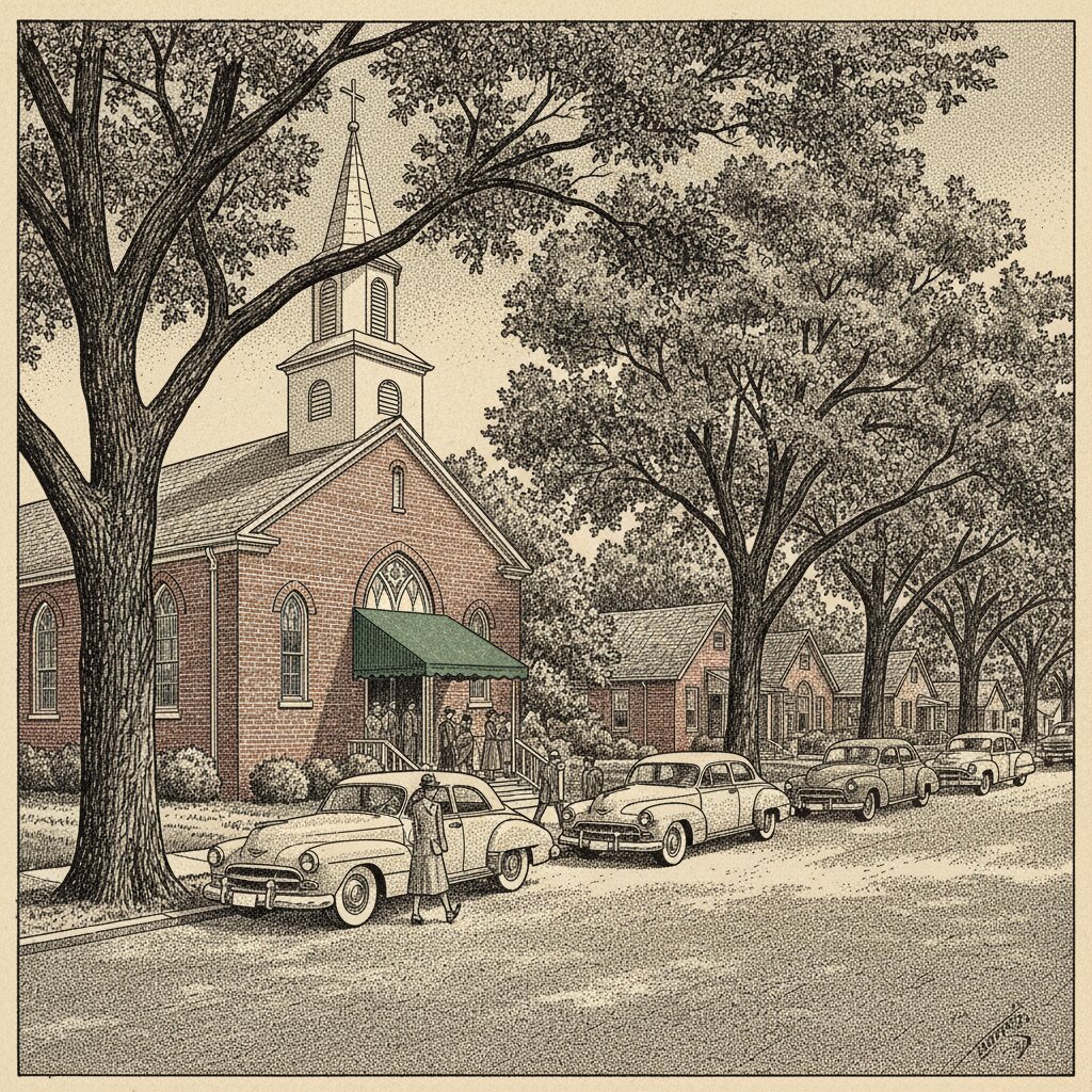 Illustration of a red-brick Memphis Baptist church with a white steeple on a tree-lined street at Sunday morning, in stipple ink with sepia wash.