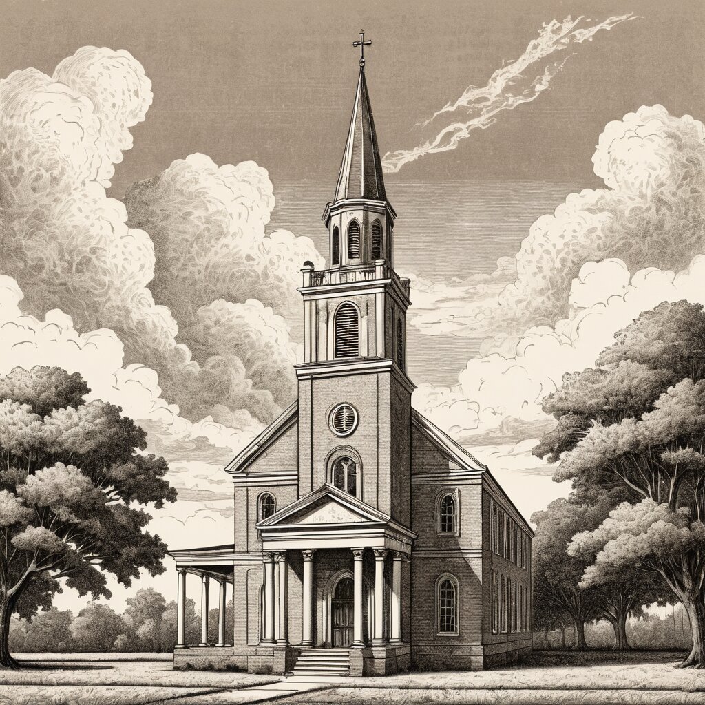 A brick revival church with white columns under a heavy mississippi delta sky, rendered in stipple ink with sepia wash.