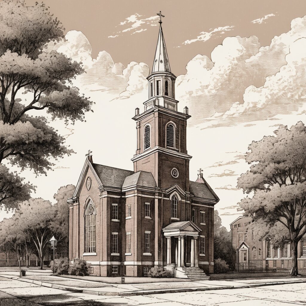 A red brick methodist church with white trim on a texas courthouse square, rendered in stipple ink with sepia wash.