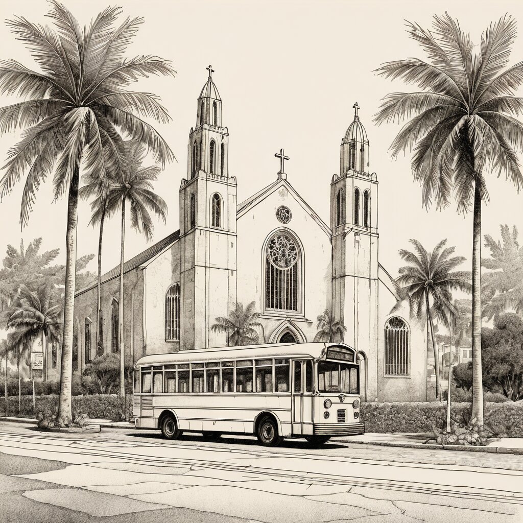 Miami church with arched windows and palms beside a bus stop, art deco street, rendered in stipple ink with sepia wash.