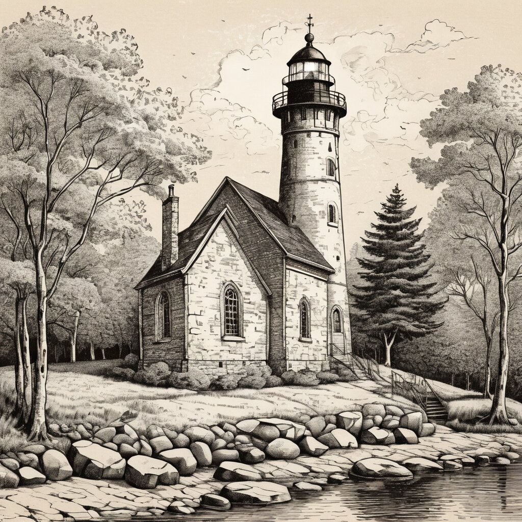 Great lakes fieldstone church with a lighthouse-like tower, birch trees, rendered in stipple ink with sepia wash.