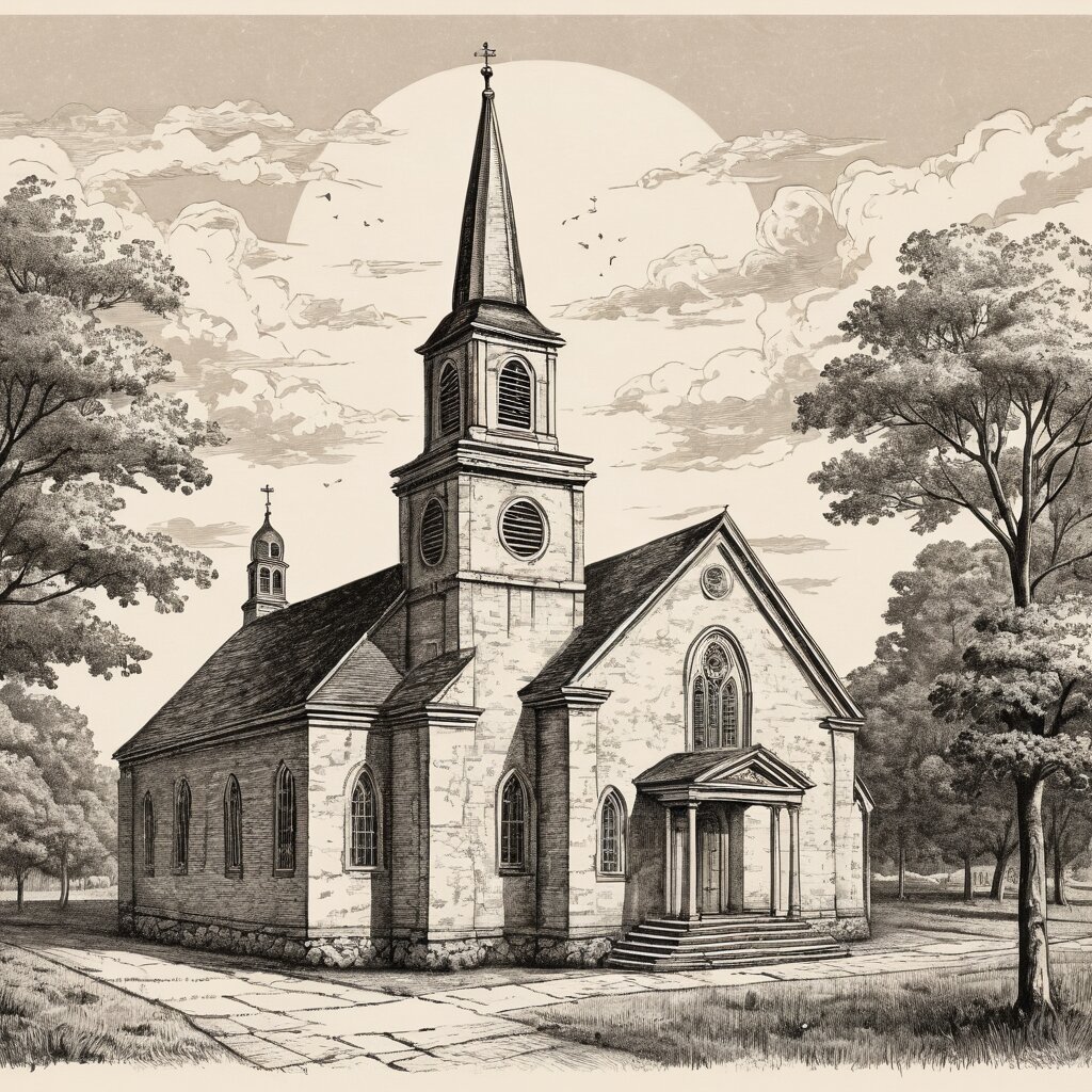 Dutch colonial stone church with gambrel roof in new jersey village, rendered in stipple ink with sepia wash.