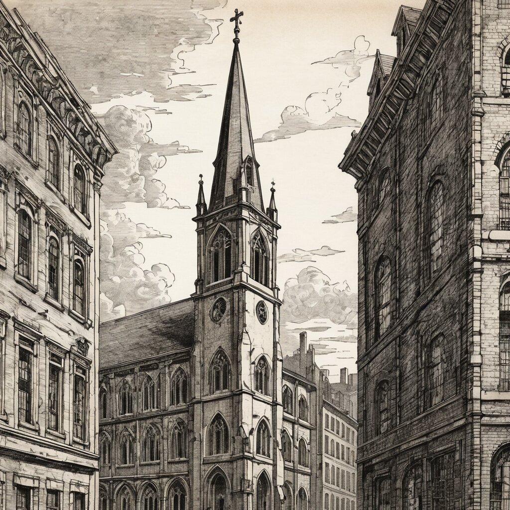 A gothic stone church wedged between manhattan cast-iron facades and fire escapes, rendered in stipple ink with sepia wash.