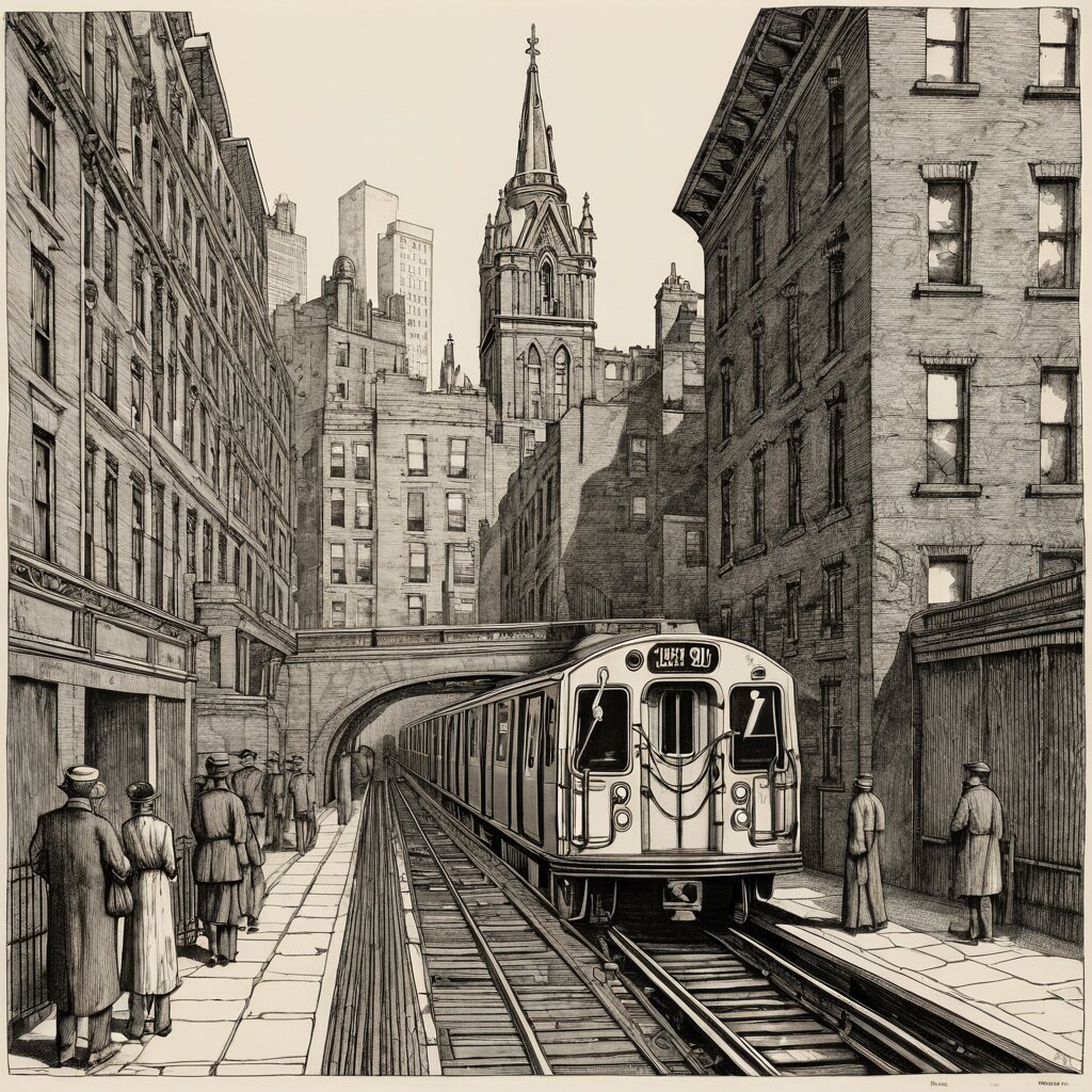 New york elevated subway platform overlooking a brownstone church facade, rendered in stipple ink with sepia wash.