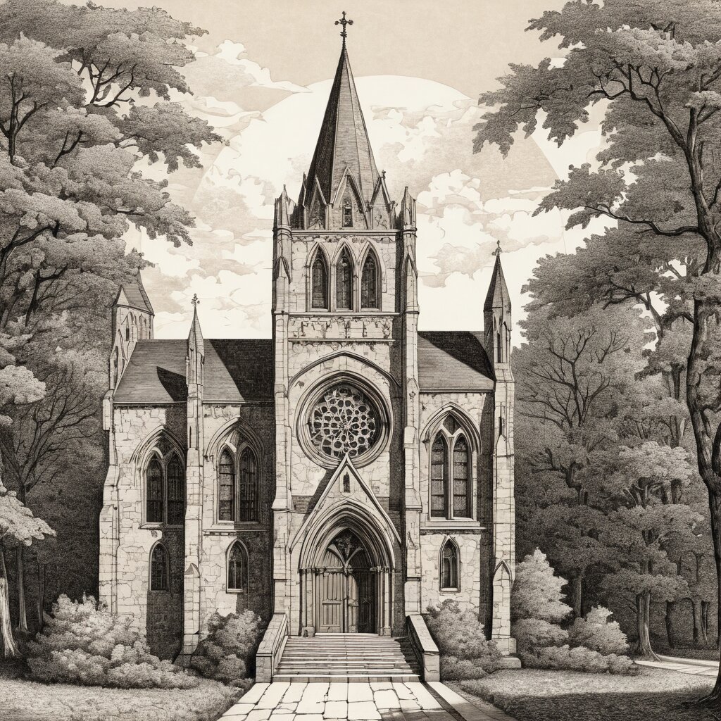 Grand gothic revival stone church with rose window in upstate new york autumn, rendered in stipple ink with sepia wash.