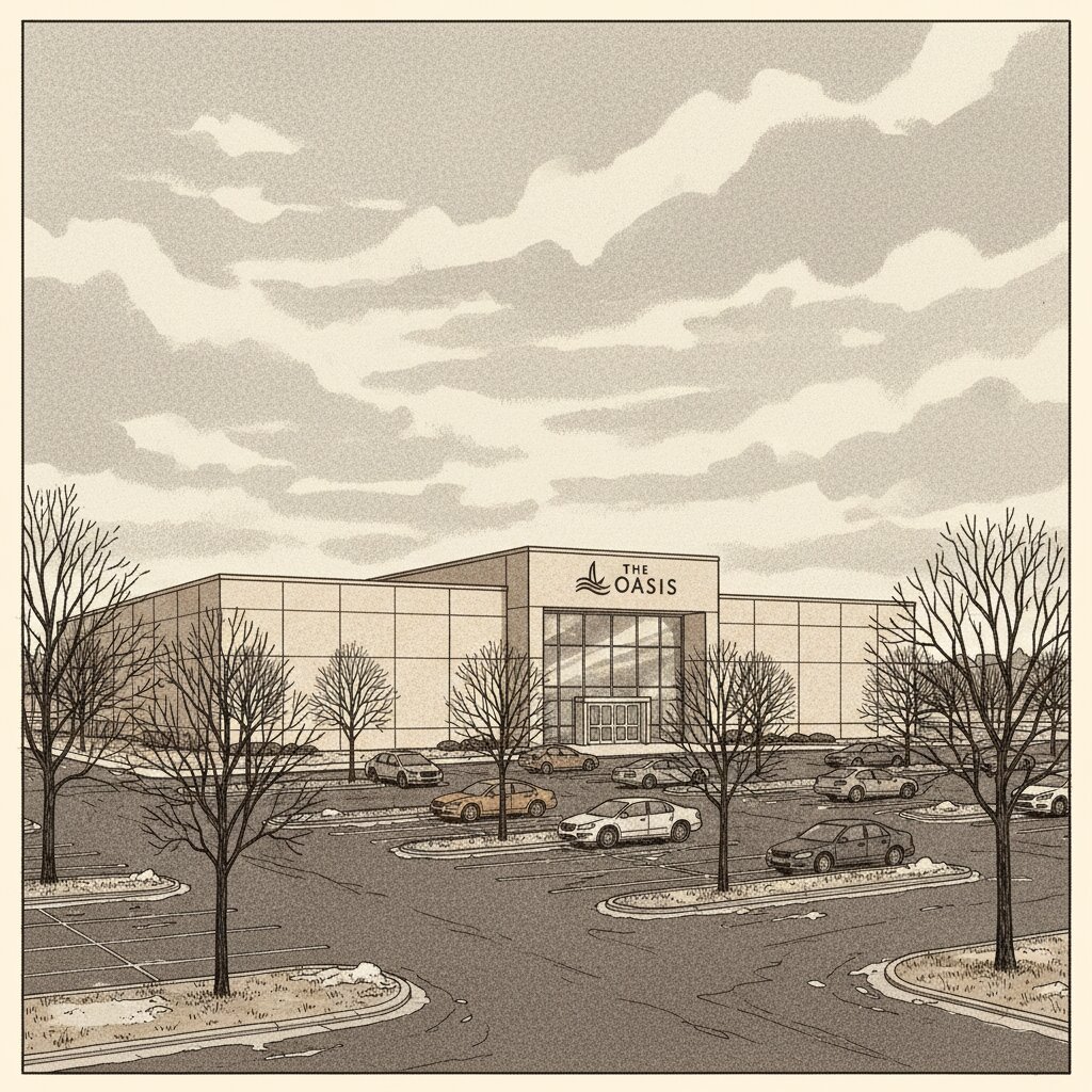 Illustration of a modern non-denominational megachurch exterior: long beige building, glass entry, parking lot, late winter afternoon.